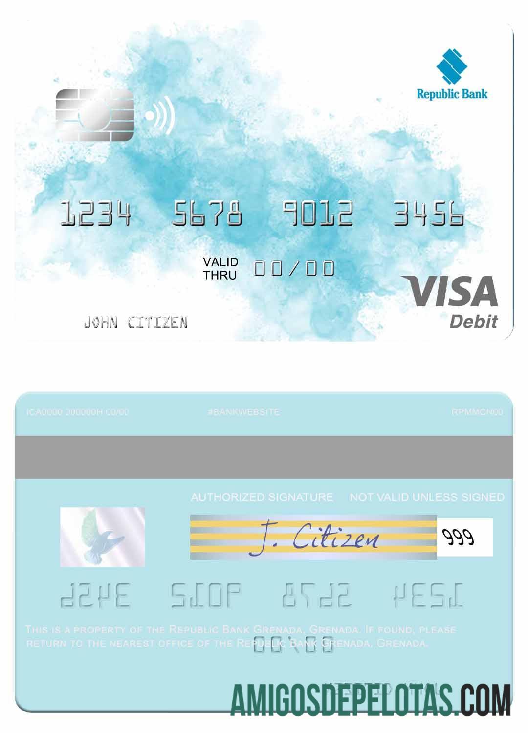 Cartão de débito Granada Republic Bank Granada Visa amostra